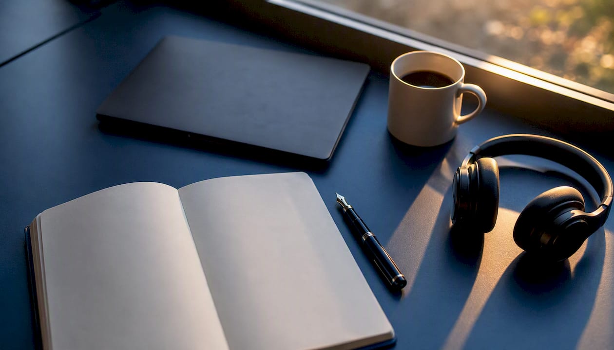Espacio de trabajo moderno para ventas, equipado con portátil y libreta